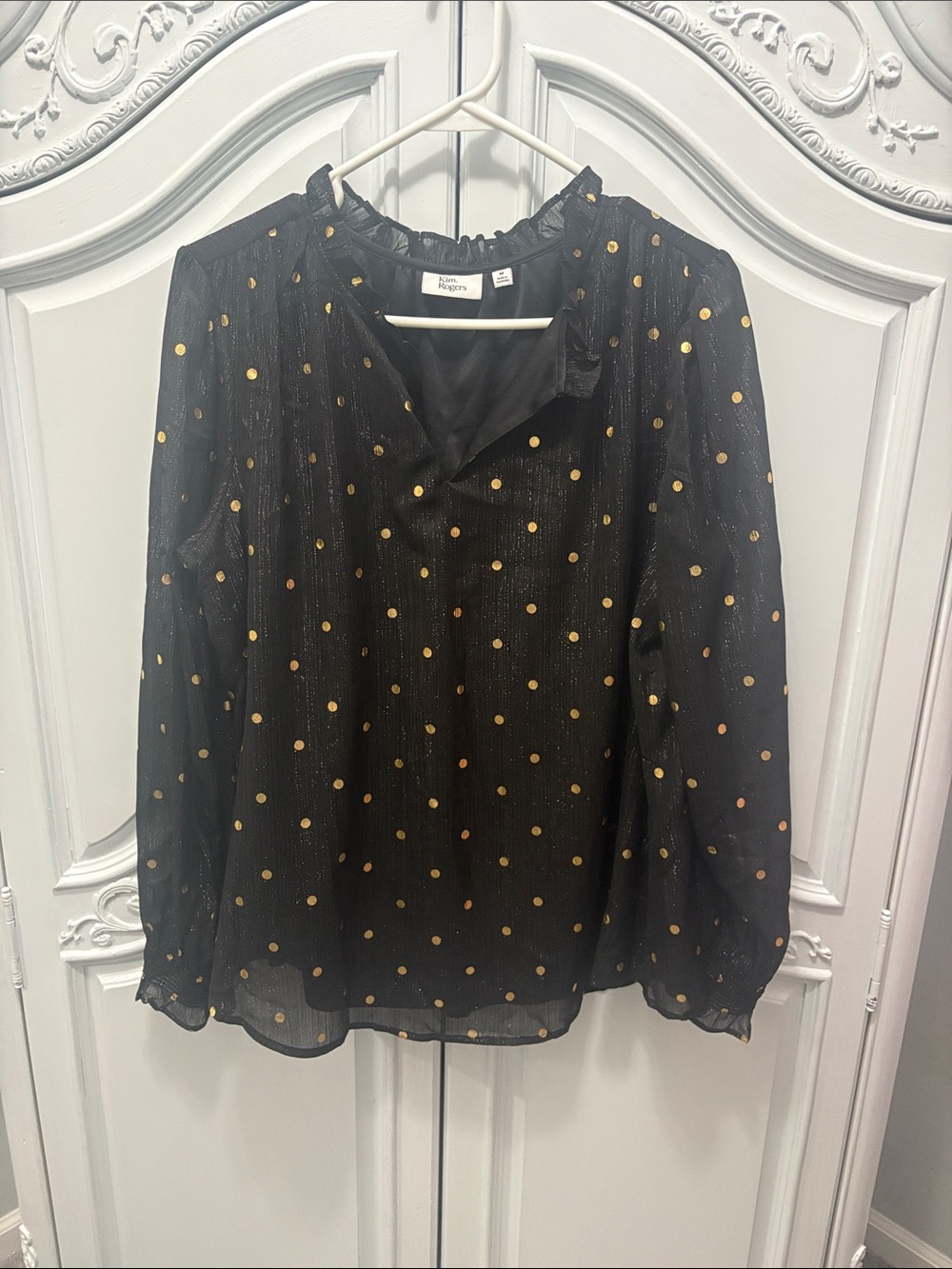 Kim Rogers Black Sheer Blouse with Metallic Gold Dot Print - medium